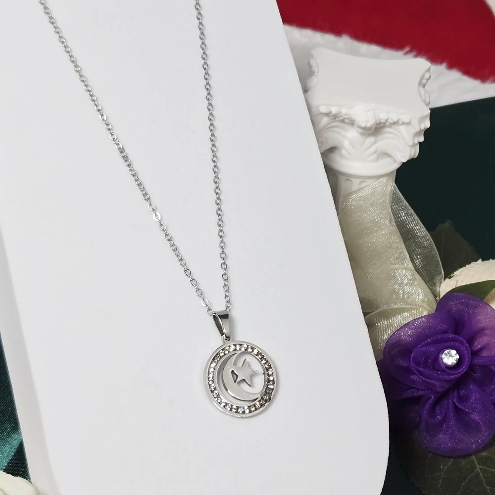 Crescent Moon Star Necklace Silver CZ Crystal Celestial Pendant Stainless Steel